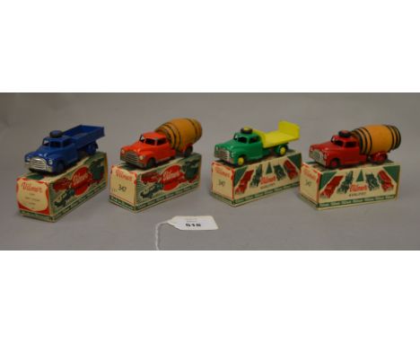 4 x Vilmer trucks (made in Denmark). Army Colour Lorry Lastbil 541, 347 truck with green cabin and yellow rear, 2 x 347 lorri
