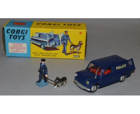 Corgi Toys #448 BMC Mini Police Van with Tracker Dog in dark blue with red interior, grey plastic aerial and police officer a
