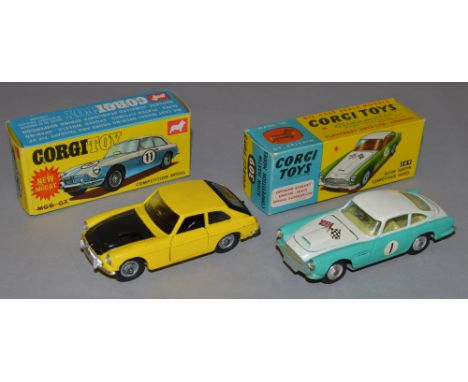 Two boxed Corgi Toys, #309 Aston Martin Competition Model in turquoise/ white together with 345 MGC GT Competition Model in y