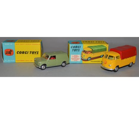 Two Corgi Toys,  #431 Volkswagen Pick Up in yellow  with red canopy and a  450 Mini Van. Both models  come in blue and yellow