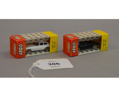 Two Lego System 1:87 scale plastic vehicles, both #601 Jaguar E; first is white; second is black. Both boxed. (2)