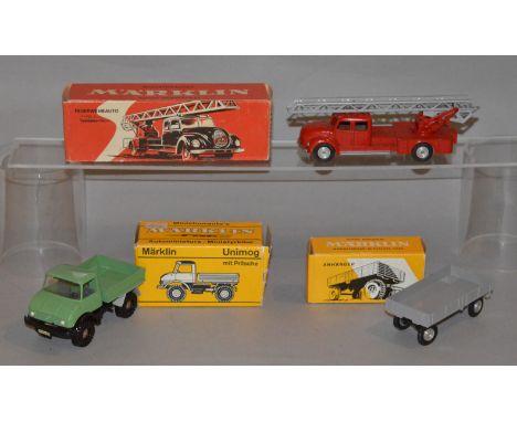 3 Marklin (Germany) diecast models 1830 Unimog, 8037 Anhanger, 8023 Feuerwehrauto.
