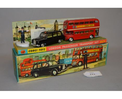 Corgi Toys GS35 London Passenger Transport Set, includes: Austin Taxi; London Routemaster Bus 'Naturally Corgi Toys'; policem