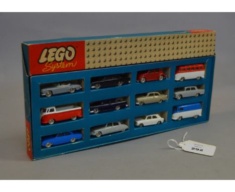 Lego System #698, includes 12 x 1/87 scale vehicles: #601 Morris Marina 1100; two #603 Citroen DS 19; #605 Fiat 1800; #658 Vo