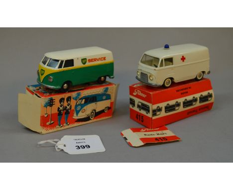 Two Tekno diecast models: #415 Red Cross Taunus Transit; BP Service Volkswagen Van. Both boxed.