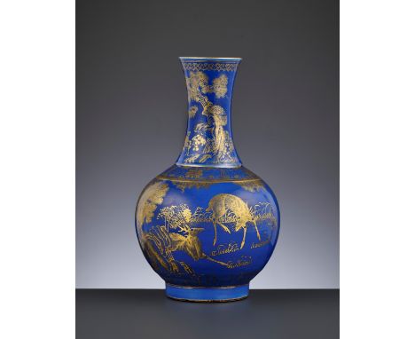 A POWDER-BLUE-GROUND GILT-DECORATED 'DEER AND CRANE' BOTTLE VASE, GUANGXU MARK AND PERIODChina, 1875-1908. Finely painted in 