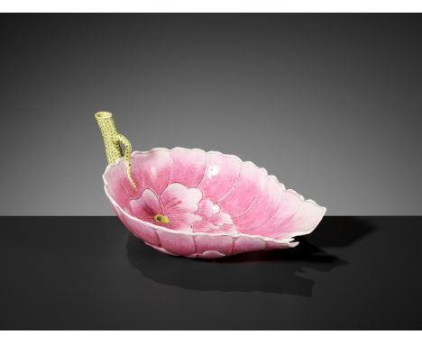 A FAMILLE ROSE ENAMELED 'LOTUS' LIBATION CUP, GUANGXUChina, 1883. Molded in the shape of a lotus flower, the interior and ext