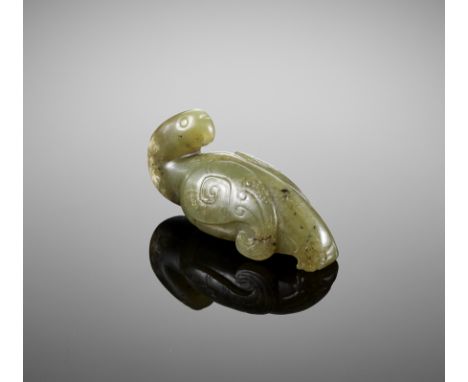 A GREEN JADE FIGURE OF A PHOENIX, SONG - YUAN DYNASTYChina, 12th-14th century or earlier. Well worked in the form of a phoeni