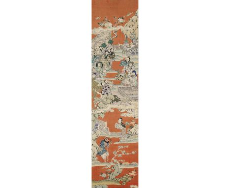 A SILK KESI 'PEACH FESTIVAL' PANEL, QING DYNASTYChina, 19th century. Finely woven in bright colors with a lively scene depict