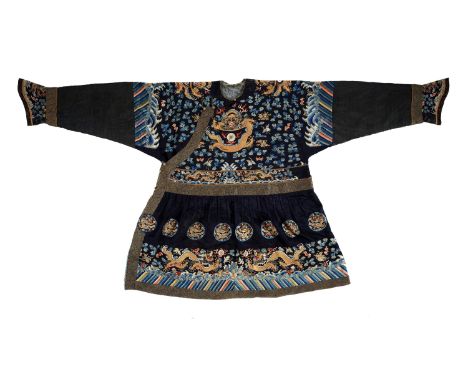 AN EMBROIDERED 'MIDNIGHT BLUE' SILK FORMAL COURT ROBE, CHAOFUChina, 19th century. The robe is worked in couched gold thread a