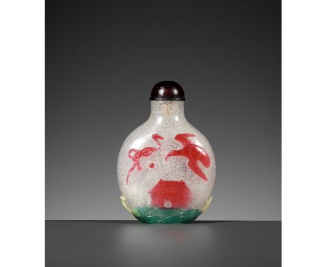 A FOUR-COLOR OVERLAY 'SNOWFLAKE' GROUND GLASS SNUFF BOTTLE, 18TH-19TH CENTURYChina. Of compressed circular form, with an oval