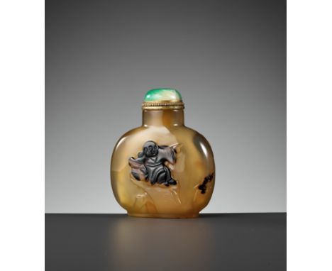 A CAMEO AGATE 'BOY AND LOTUS' SNUFF BOTTLE, 1750-1850China. Well hollowed, of rounded rectangular shape rising from an oval f