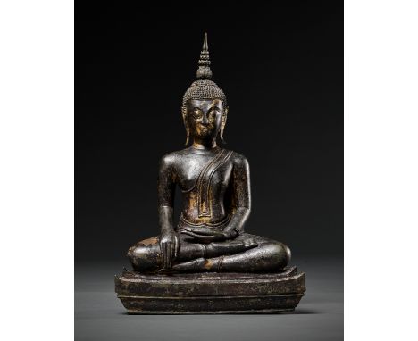 A BRONZE FIGURE OF BUDDHA MARAVIJAYA, LAOS, 16TH-17TH CENTURYSeated in maravijaya pose with elegantly contoured hands, his fa