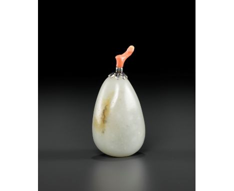 A PALE CELADON AND RUSSET JADE 'PEBBLE' SNUFF BOTTLE, QING DYNASTYChina, 18th century. Smoothly polished and well hollowed, k