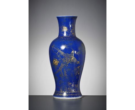 A GILT-DECORATED POWDER-BLUE GROUND 'BIRDS AND FLOWERS' BALUSTER VASE, KANGXI PERIODChina, 1662-1722. The baluster sides risi