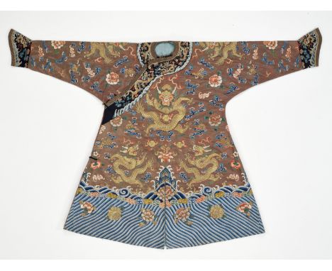 A RARE SILK EMBROIDERED CHESTNUT-GROUND CHILD'S DRAGON ROBE, JIFU, QING DYNASTYChina, late 18th - late 19th century. Finely w