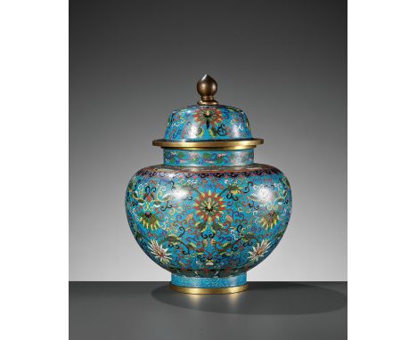 A CLOISONNE ENAMEL VASE AND COVER, JIAQING TO DAOGUANG PERIODChina, 1796-1851. The compressed globular body rising from a tal