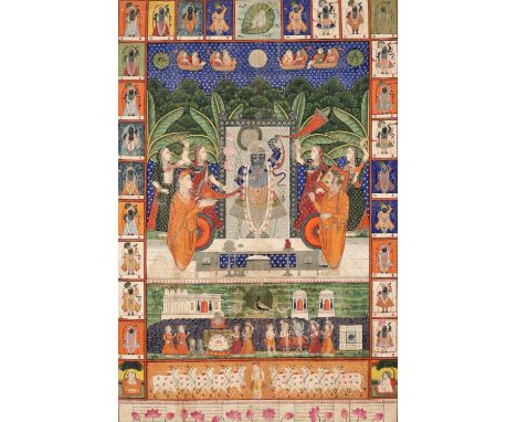 A PICCHVAI OF SHRI NATHJI AND SARAT PURNIMA, 18TH-19TH CENTURYIndia, Rajasthan. Painted on silk, Shri Nathji at the center st