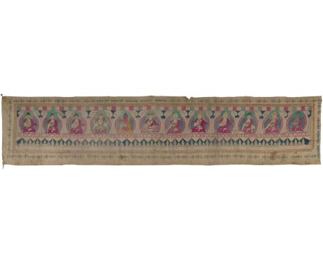 AN EXTREMELY LARGE TEMPLE BANNER WITH BUDDHAS, NEPAL19th century or earlier. Pigment and black ink on cloth, this horizontal 