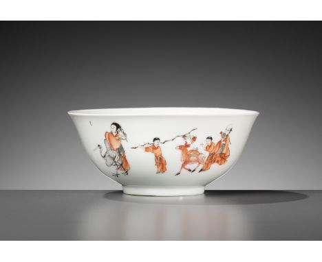 A FAMILLE VERTE 'EIGHT IMMORTALS' BOWL, QING DYNASTYChina, 18th-19th century. Delicately potted, the deep rounded sides risin