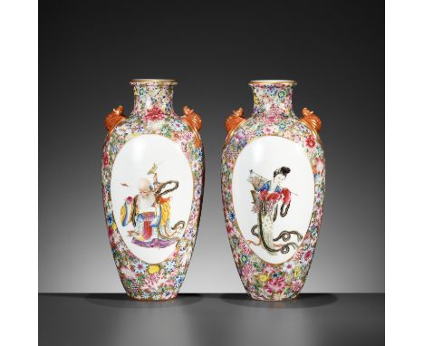 A PAIR OF FAMILLE ROSE 'MILLEFLEUR' VASES, LATE QING TO REPUBLICChina, 1900-1949. Each with ovoid sides rising from a short f