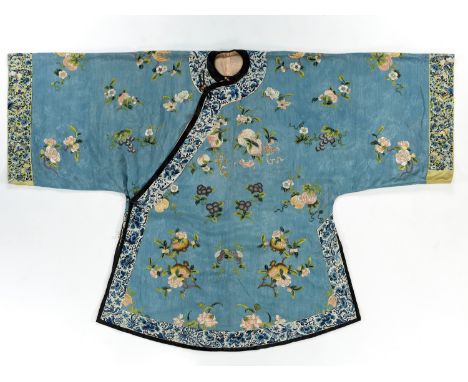 AN INFORMAL LADY'S DAMASK SILK ROBE WITH AUSPICIOUS SYMBOLS, QING DYNASTYChina, 19th century. The blue-ground damask silk rob