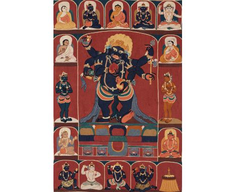 AN EMBROIDERED SILK THANGKA DEPICTING MAHAKALA, QING DYNASTYTibetan-Chinese, 1644-1912. The six-armed wrathful protector stan