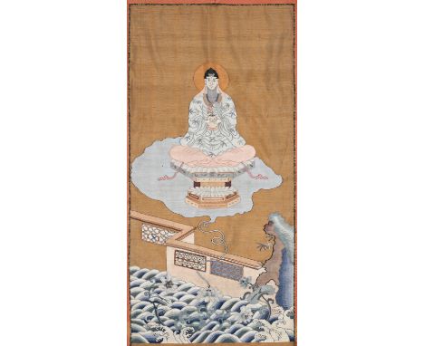 A KESI SILK PANEL DEPICTING AVALOKITESHVARA, QING DYNASTYChina, 1644-1912. Seated in dhyanasana atop a tiered lotus throne, h