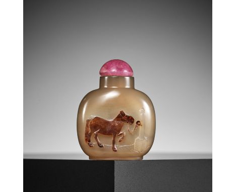 A CAMEO AGATE 'HORSE' SNUFF BOTTLE, 1750-1850China. Very well hollowed, of rounded rectangular form rising from a wide oval f