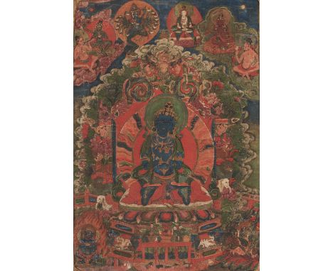 A THANGKA OF VAJRADHARA, 18TH CENTURYTibet. Distemper on cloth. Vajradhara is depicted seated in dhyanasana on a lotus throne