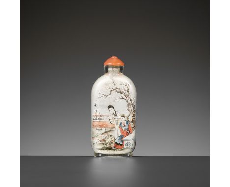 AN INSIDE-PAINTED GLASS SNUFF BOTTLE, BY BI RONGJIUChina. Of flattened rectangular form, standing on a short, splayed foot, p