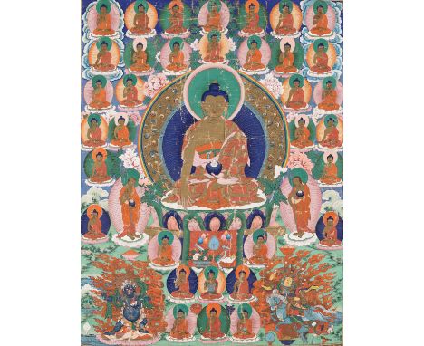 A LARGE THANGKA OF BUDDHA SHAKYAMUNI, 18TH CENTURYTibet. Distemper on cloth. Finely painted with the gold-skinned Buddha seat