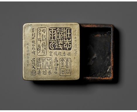 A BAITONG INK BOX, LATE QING DYNASTYChina, c. 1900. The copper-nickel alloy container of square shape, with its lid neatly in