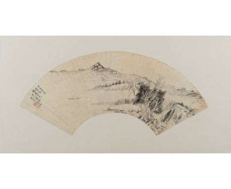 'FISHERMAN IN LANDSCAPE', BY HUA SHANA (1806-1859)China, dated 1857. Ink on segmented paper with metallic ground. The fan-sha