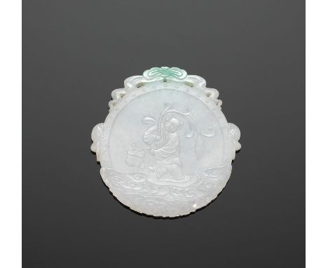 A FINE JADEITE 'LAN CAIHE' PENDANT, LATER QING TO EARLIER REPUBLICChina, 1850-1930. The plaque of circular form, flanked by t