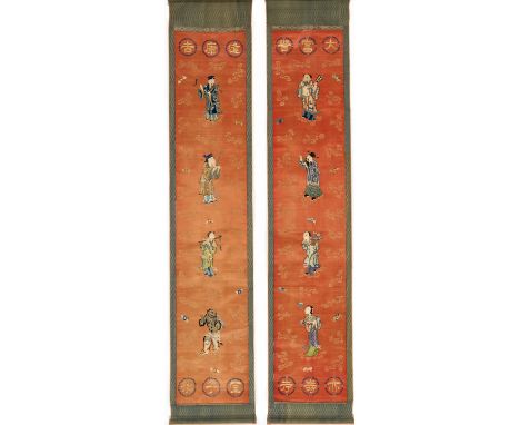 A PAIR OF SILK BROCADE 'EIGHT IMMORTALS' SCROLLS, QING DYNASTYChina, 19th century. Each scroll is decorated with four of the 