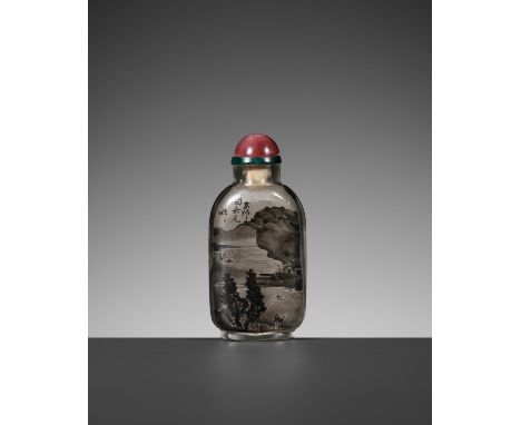A MINIATURE INTERIOR-PAINTED GLASS SNUFF BOTTLE, BY YAN YUTIANChina, circa 1895. The rectangular glass bottle with rounded si