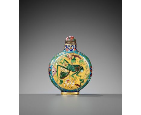 A CLOISONNE ENAMEL 'SMILING CRICKET' SNUFF BOTTLE, 1780-1850China. Of compressed globular form, rising from an oval foot with