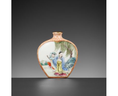 A SPADE-SHAPE PORCELAIN SNUFF BOTTLE, QIANLONG MARK AND POSSIBLY OF PERIODChina, 1770-1860. Of flattened shape on a flat foot