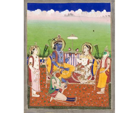 AN INDIAN MINIATURE PAINTING OF RAMA AND SITA ENTHRONEDJaipur, mid-19th century. Gilt, watercolor, and black ink on paper. Bl