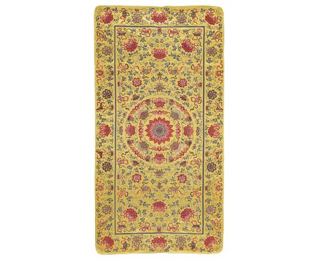 AN EMBROIDERED IMPERIAL YELLOW SATIN KANG CUSHION COVER, QING DYNASTYChina, 1750-1850. The satin cover finely embroidered in 