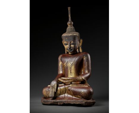 A VERY LARGE GILT AND DRY-LACQUERED SCULPTURE OF BUDDHA SHAKYAMUNI, SHAN STATES, KONBAUNG PERIODBurma, 1752-1885. Seated in d