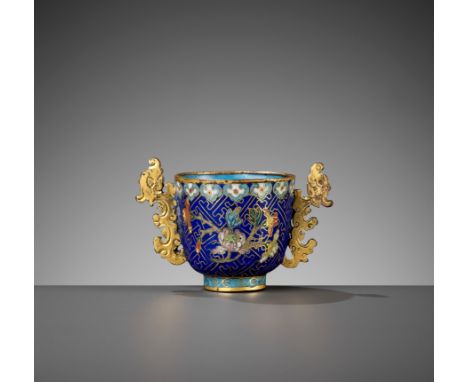 A RARE GILT-BRONZE CLOISONNE ENAMEL CUP, QING DYNASTYChina, 1760-1820. The deep rounded sides supported on a straight foot, f
