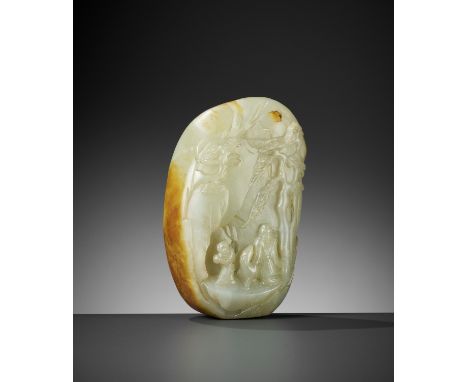 A CELADON AND RUSSET JADE BOULDER, QING DYNASTYChina, 1644-1912. Deeply carved to depict Shoulao with his attendant and a dee