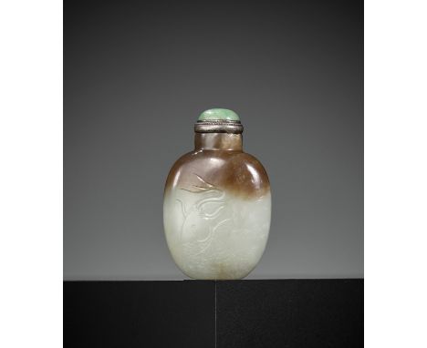 A WHITE AND BROWN JADE 'CARP' SNUFF BOTTLE, 1780-1850China. Well hollowed, of rounded rectangular form with an oval foot and 