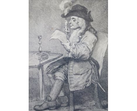 William Hogarth: 18th century engraving, "The Politician", man reading by candlelight, 5 1/4" x 3 3/4", in gilt frame, and Ed