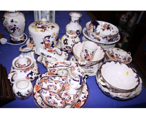 A Masons "Mandalay" pattern cheese dish, a teapot, a table lamp and a quantity of other Masons china including plates, bowls,