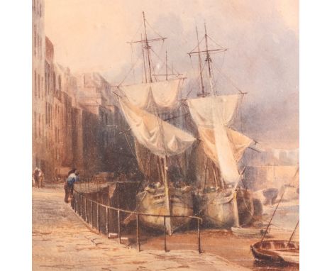 Peter Le Lievre: watercolours, "The Quay with Glategny Esplanade in the Distance, Guernsey", manuscript verso, 12 1/2" x 10",
