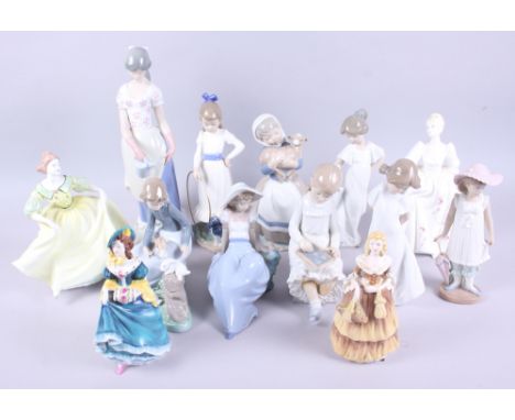 Thirteen figures, mostly Nao and Coalport, including "Ladies of Fashion", a Nao figure of girl with an umbrella, and others, 