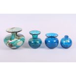 A Mdina glass squat vase with flared rim, in shades of blue and neutral, 5" high, and three